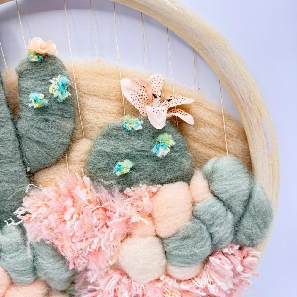Handmade Woven Cactus‎ Wall Art Fiber Decor Sage Green Peach Desert Hoop Hanging